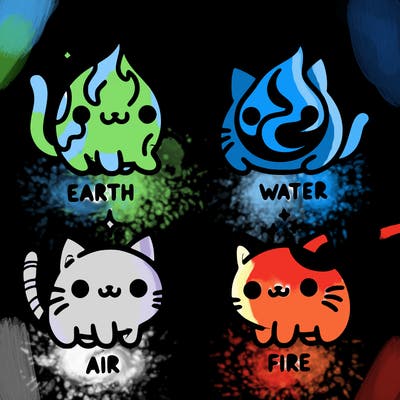 4 cats that represent the different elements, earth, water, air, and fire