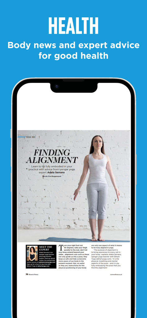 요가 전문가 조언이 담긴 'Finding Alignment'라는 제목의 여성 피트니스 앱의 디지털 잡지 페이지.