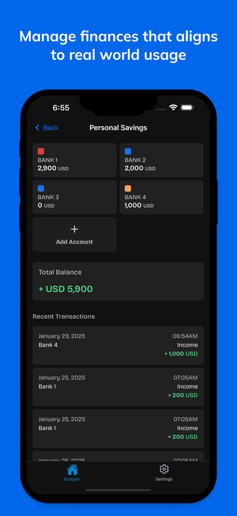 Dashboard dei risparmi personali nell'app FreeBudget che mostra saldi di più conti e cronologia transazioni.
