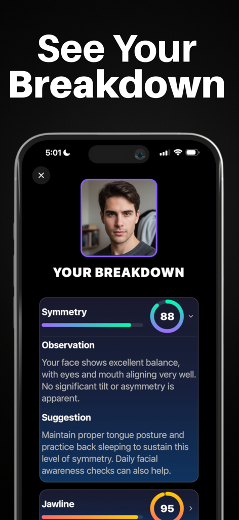 Mogged: Glow Up for Men - Mogged App-Gesichtsaufschlüsselungsoberfläche mit Symmetriebewertung und Empfehlungen