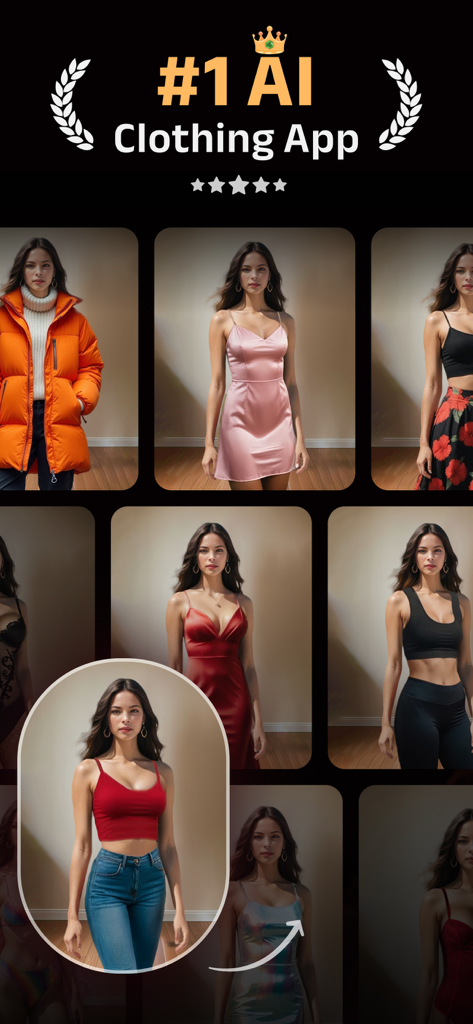 A woman showcased in multiple AI-generated outfits including dresses, athletic wear, and a puffer jacket on the AI Clothes Changer app.