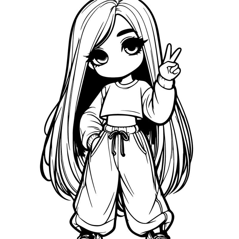 realistic girl with long hair and baggy sweat pants doing the peace sign