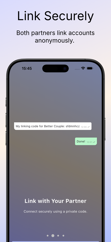 BetterCouple: AI For Couples - BetterCouple app screen showing anonymous partner linking with a private secure code