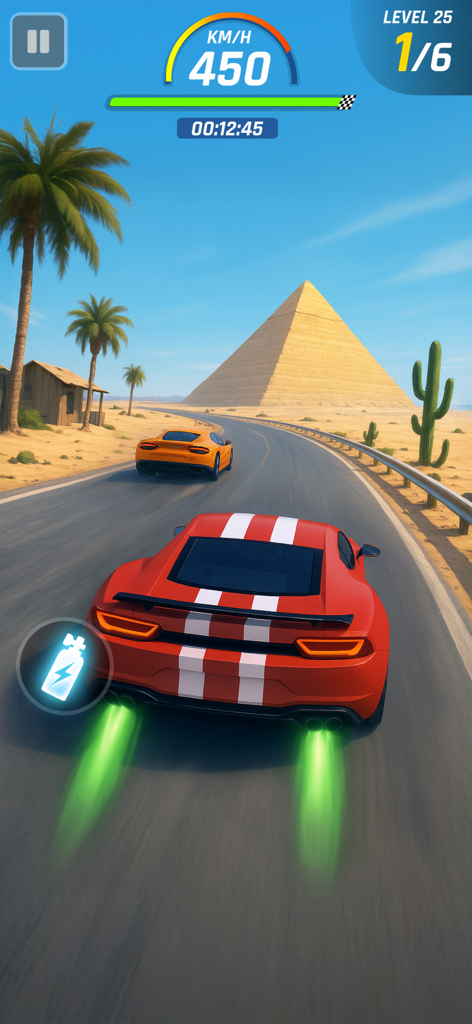 Car Racing 3D: Race Master - Um carro esportivo vermelho correndo a 450 km por hora passando por uma pirâmide em um ambiente desértico