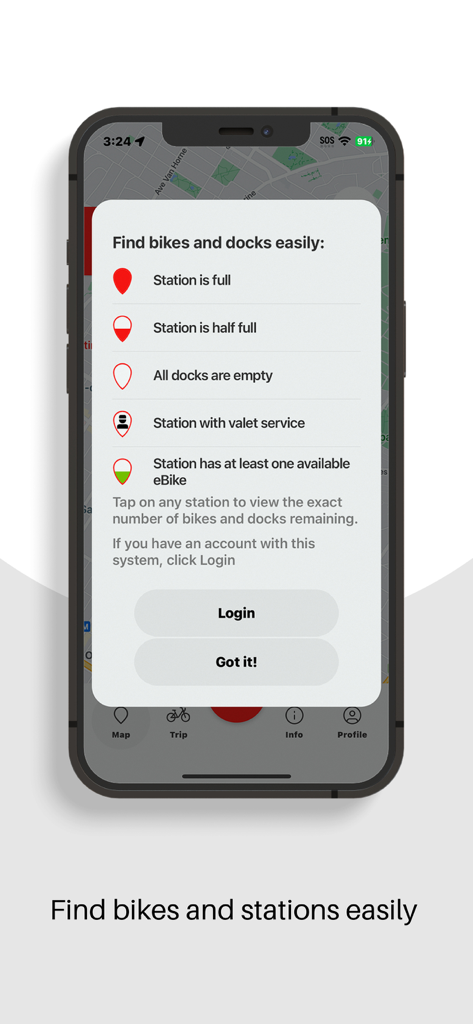 PBSCアプリのスクリーンショットに、自転車ステーションおよびドック利用可能性アイコンの凡例が表示された情報ポップアップが表示されています。