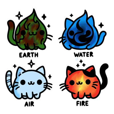 4 cats that represent the different elements, earth, water, air, and fire