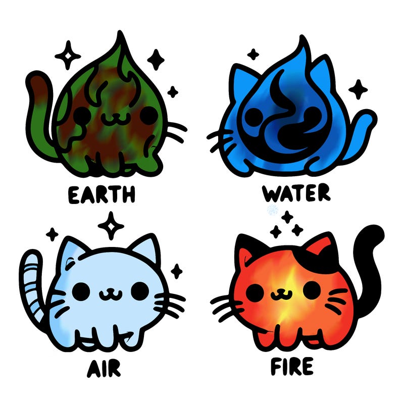4 cats that represent the different elements, earth, water, air, and fire