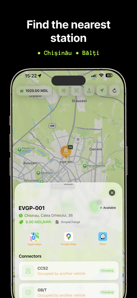 EVGP - EV Charging - EVGP mobile app interface showing a map of EV charging stations in Chisinau with real-time connector availability and navigation options