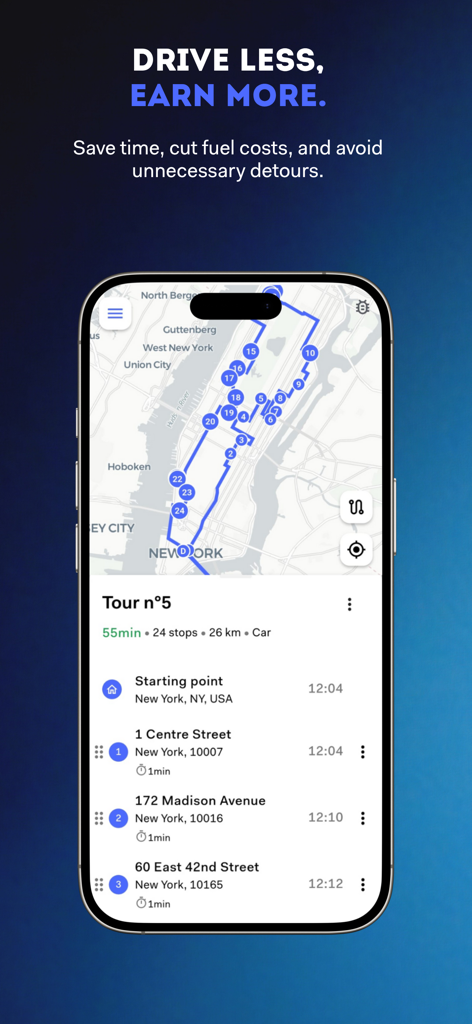 Laskar Route Planner - Laskar Route Planner app interface showing an optimized multi-stop delivery route on a New York City map.