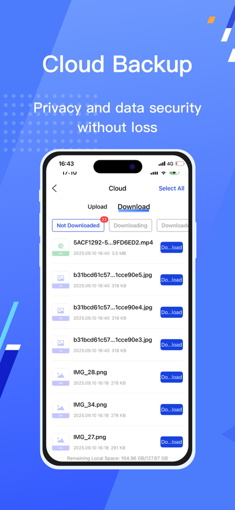 AH Pro - Interfaz de copia de seguridad en la nube de la aplicación AH Pro que muestra opciones de copia de seguridad en la nube y descarga de archivos para medios privados