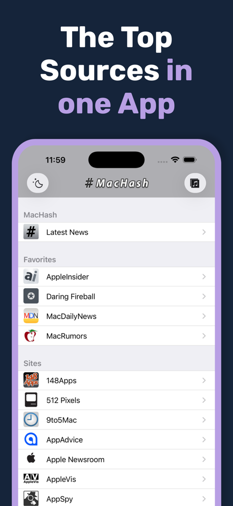 MacHash News - Interface of MacHash News app displaying a curated list of top Apple news sources and blogs