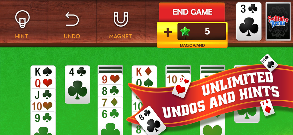 Gameplay del gioco mobile Solitaire Arena che mostra il layout delle carte e il banner per annulli e suggerimenti illimitati