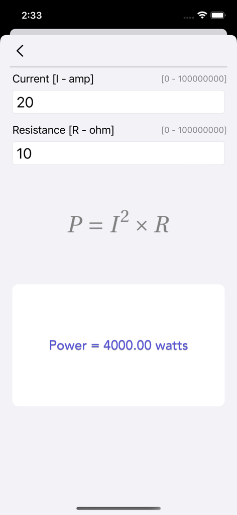 Ohm Law Calculator - Pantalla de la aplicación Calculadora Ley de Ohm mostrando un cálculo de potencia en vatios basado en entradas de corriente y resistencia