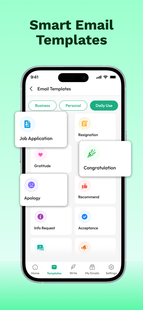 AI Email Writer - All MailBox - A mobile interface displaying a variety of smart email templates categorized by business personal and daily use