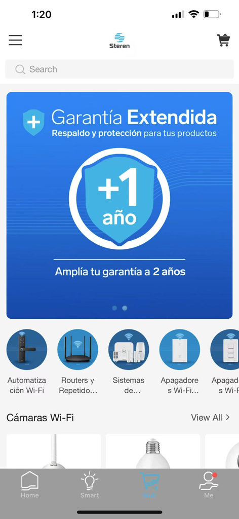 Steren Home app screen showing an extended warranty banner and smart home product categories