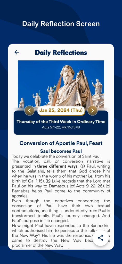Catholic Connect - Daily reflection screen in the Catholic Connect app showing spiritual text about the Conversion of Apostle Paul.