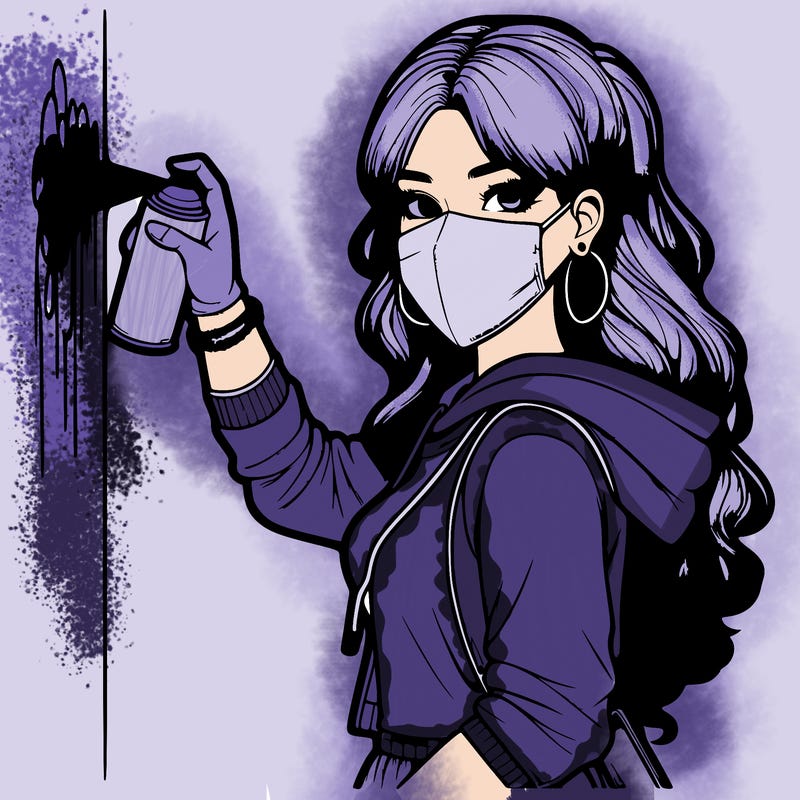 realistic girl with mask spray painting a wall