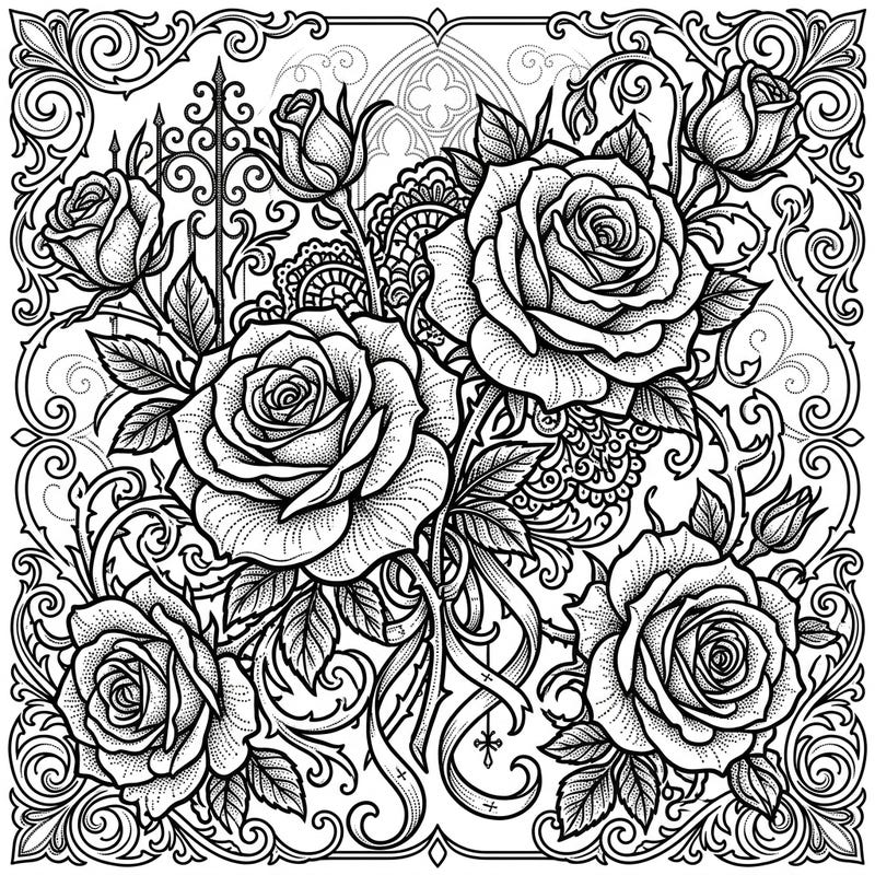 Dive into the mysterious beauty of our Gothic Dot Work Rose coloring page, blending intricate floral details with dark, ornate elegance. This unique design offers a captivating artistic challenge for colorists seeking a touch of melancholic charm.