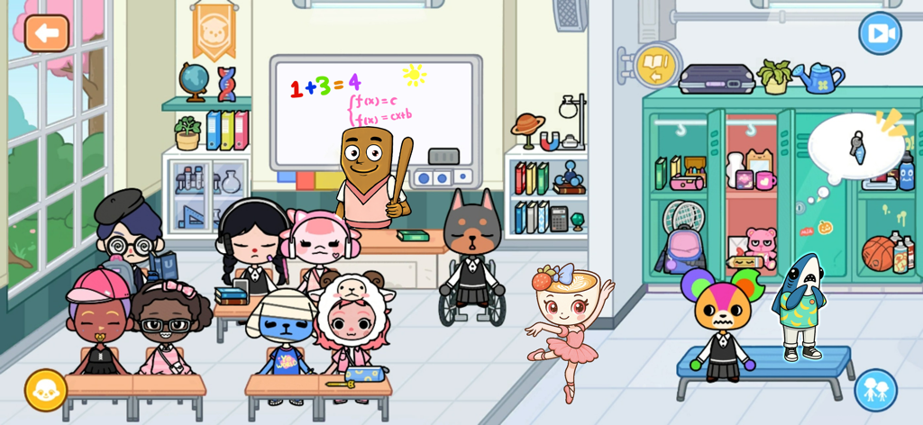 Mia World - A colorful digital dollhouse classroom scene in Mia World featuring diverse characters, students at desks, and a teacher.