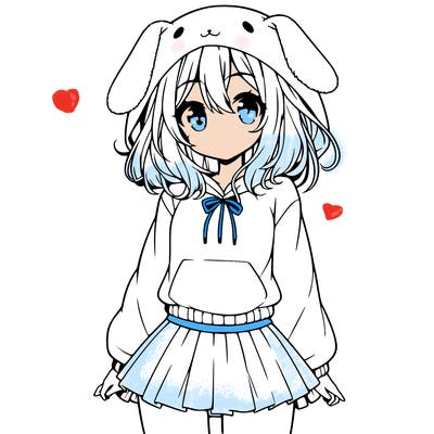 pretty anime girl wearing a fluffy hoodie with bunny ears on the hood and a skirt