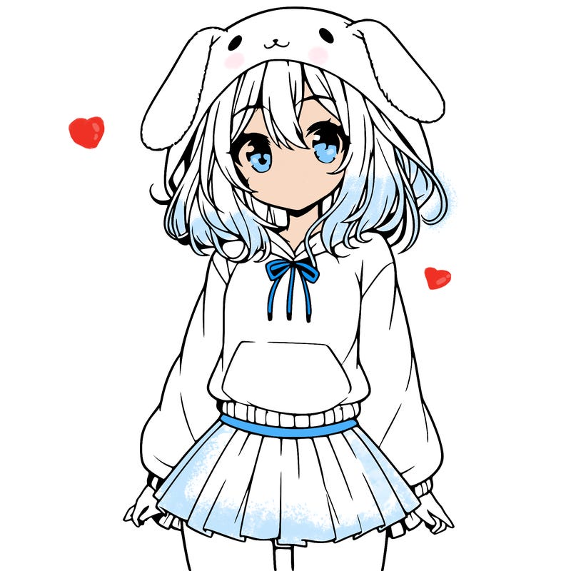 pretty anime girl wearing a fluffy hoodie with bunny ears on the hood and a skirt