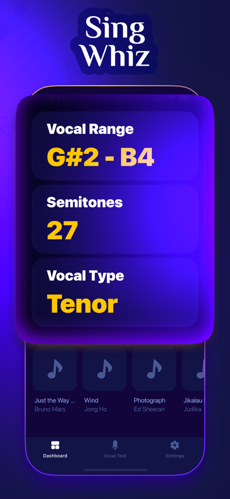 Sing Whiz app dashboard showing vocal range result of G sharp 2 to B4 and tenor voice type classification