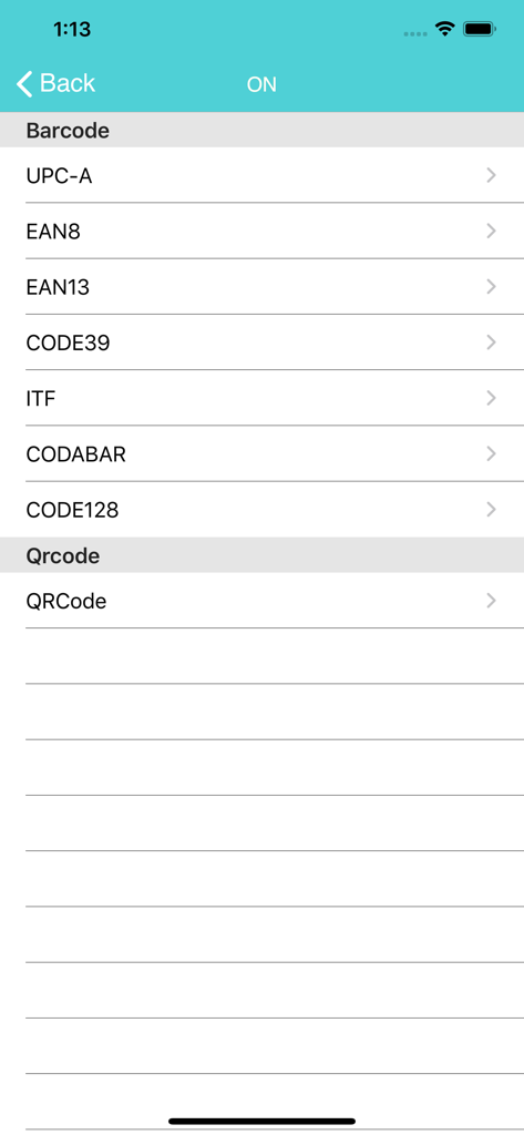 RTPrinter System app screen showing a list of supported barcode and QR code formats for printing