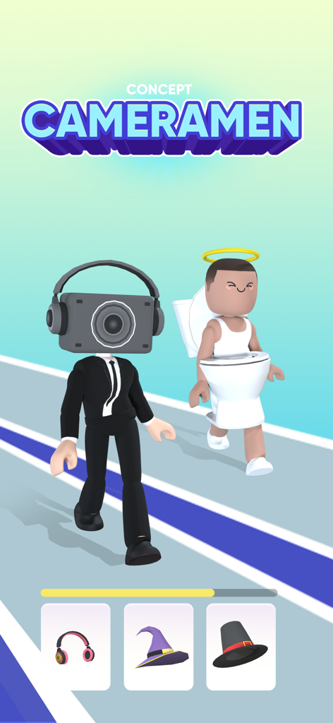 A cameraman head character and a toilet character walking on a fashion runway in a catwalk battle game
