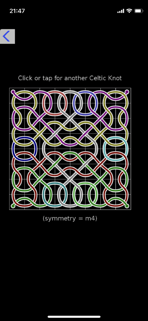 Um padrão colorido de nó celta gerado por computador exibido no aplicativo BBCBasic.