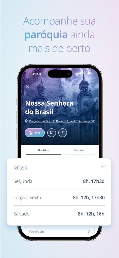 Creio - Creio app screen showing parish mass schedules and a donate button for Nossa Senhora do Brasil church