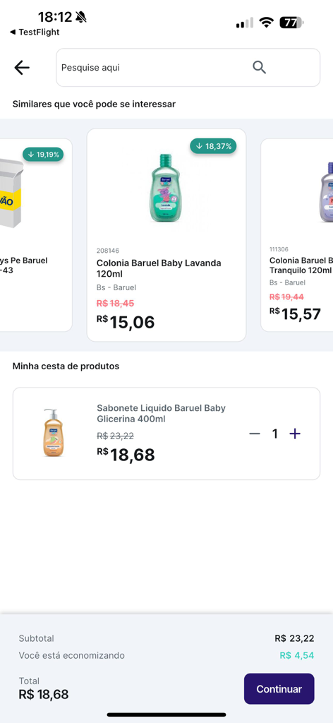 Drogarias Povão - Shopping cart view in the Drogarias Povao mobile app showing baby care products and discounts