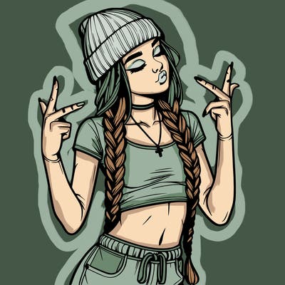 realistic teenage girl with braids and a beanie and crop top doing 🫶🏼