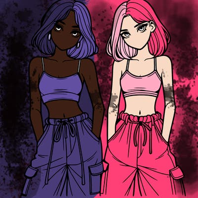 two girls with crop top with baggy pants