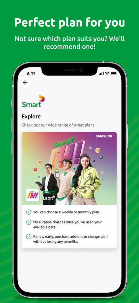 SmartNas - SmartNas mobile app screen displaying recommended mobile plans and subscriber benefits