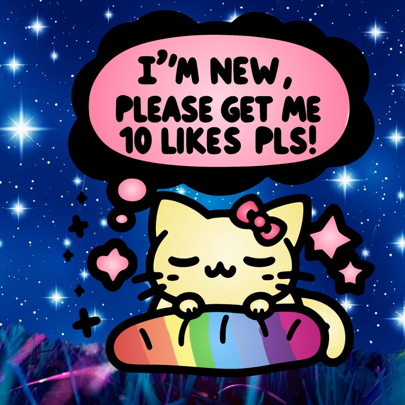 kitty taking a nap dream talking and saying "i'm new, please get me at least 10 likes pls!!"