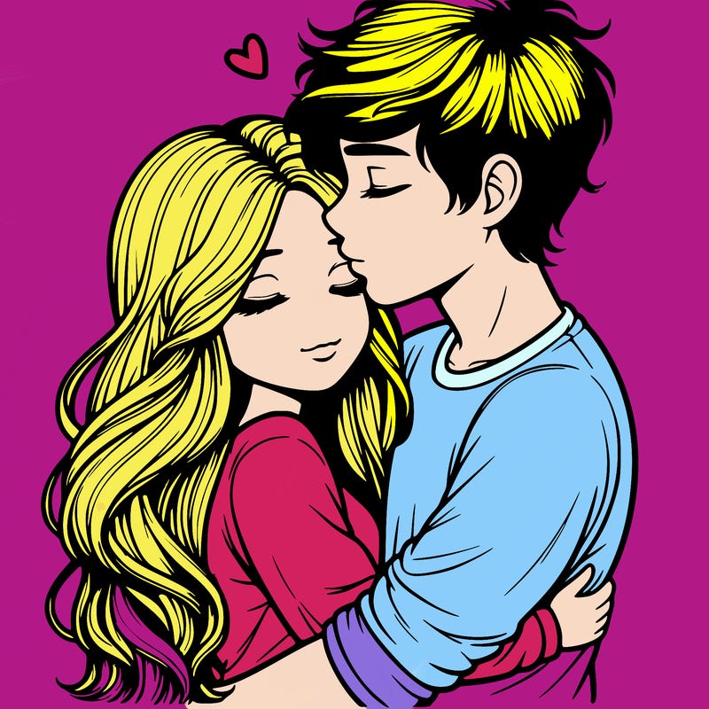 a realistic couple boy and girl hugging and kissing