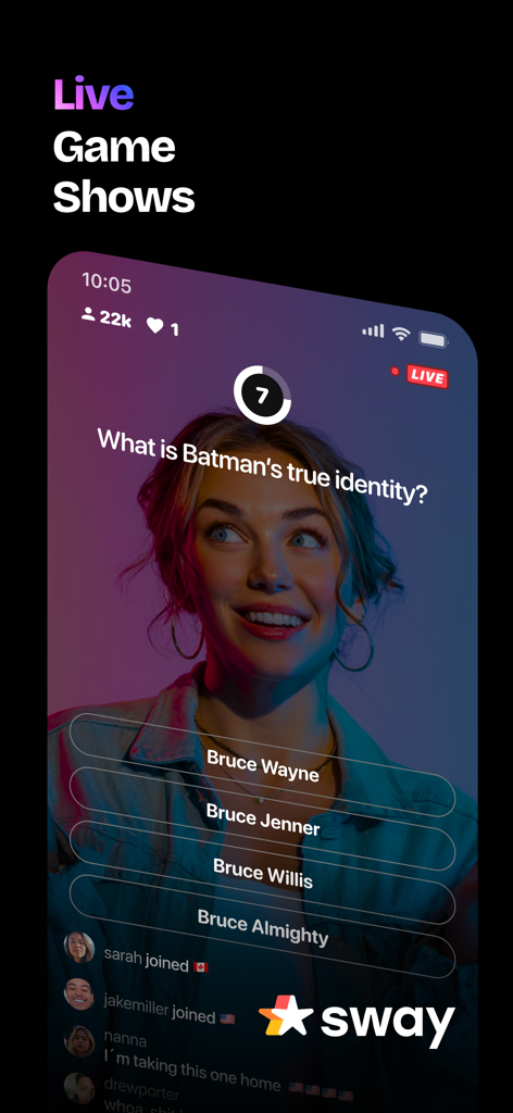 Interface do aplicativo móvel Sway mostrando um game show de trivia ao vivo com um apresentador criador e questão de múltipla escolha