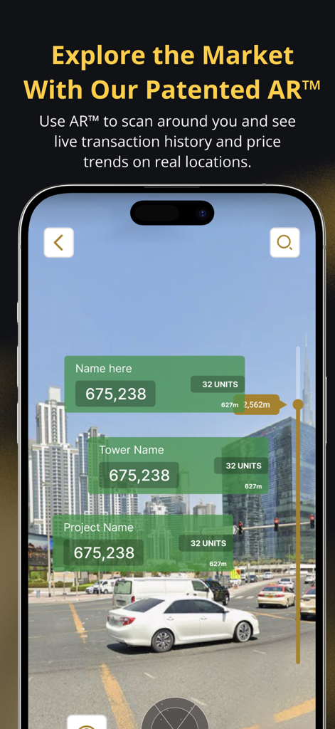 Interfaz de realidad aumentada que muestra datos de propiedades inmobiliarias e historial de transacciones sobre edificios de la ciudad.