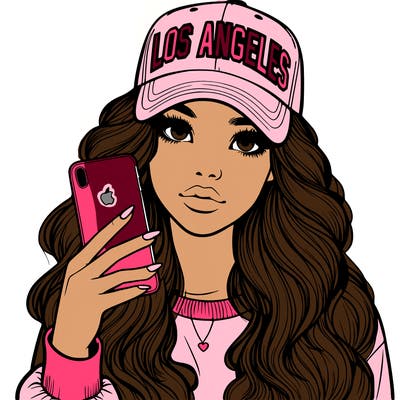 realistic beautiful girl wearing los ángeles cap holding an iphone