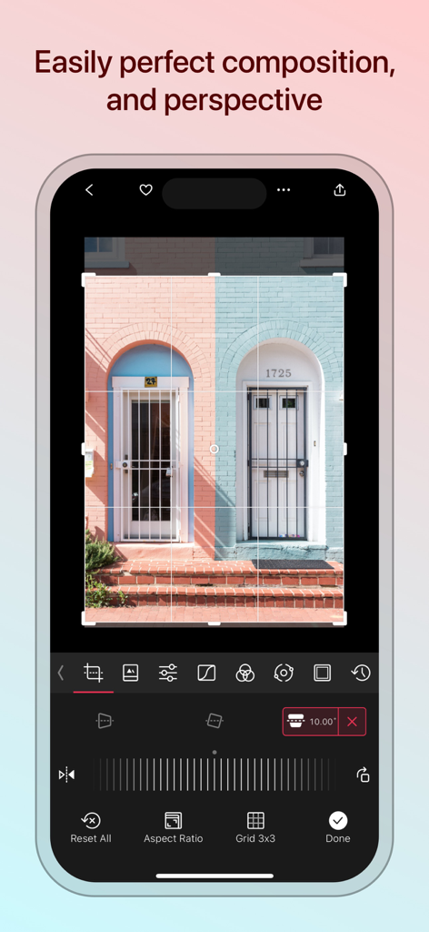 Darkroom: Photo & Video Editor - Oberfläche der Darkroom-App, die Werkzeuge zur Anpassung der Foto-Perspektive und Komposition zeigt.