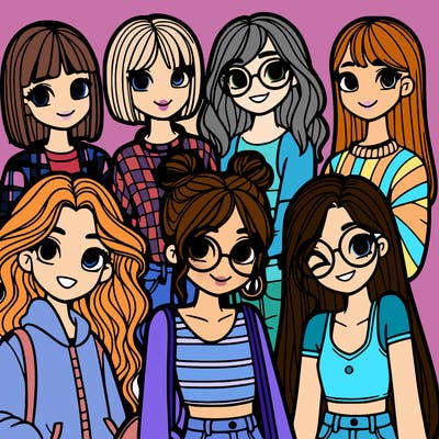 2 girls with long hair and 1 girl with short hair and glasses