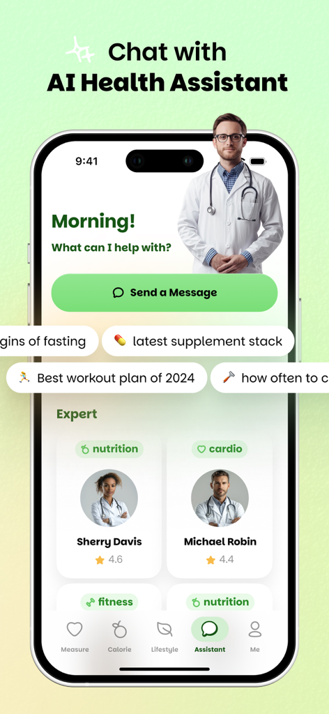 Wellify - Simplify Wellness - Wellifyアプリのインターフェース。AI健康アシスタントのチャットとウェルネス専門家のプロフィールを表示。