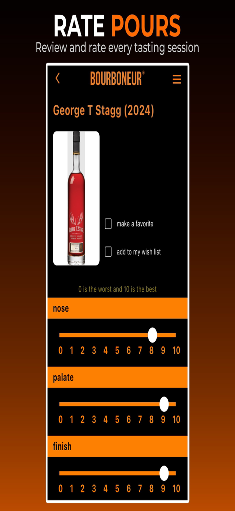 Bourboneur - Screenshot of the Bourboneur app interface for rating bourbon flavor profiles including nose palate and finish