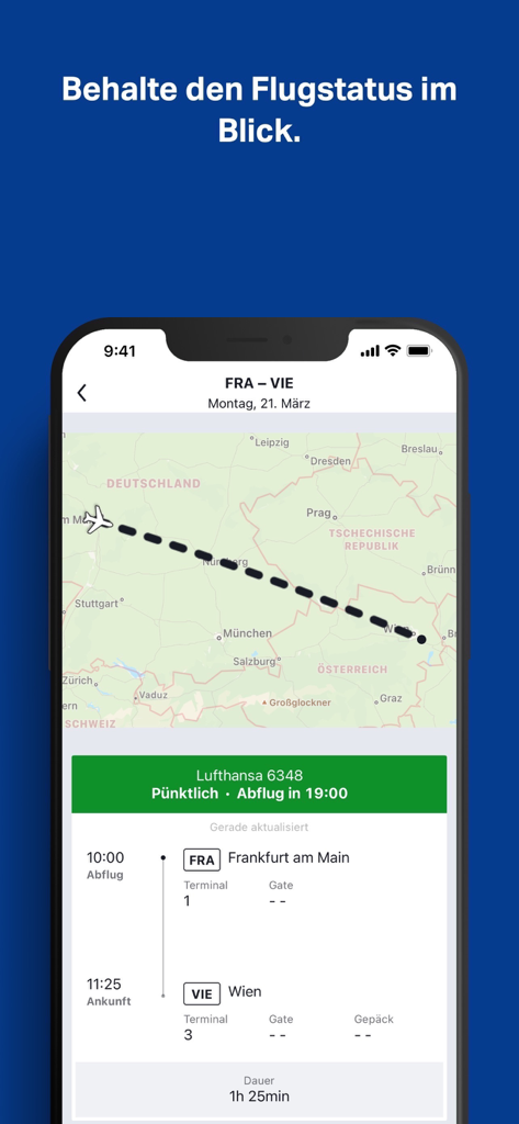 SWOODOO app interface showing real time flight status and tracking map for a trip from Frankfurt to Vienna