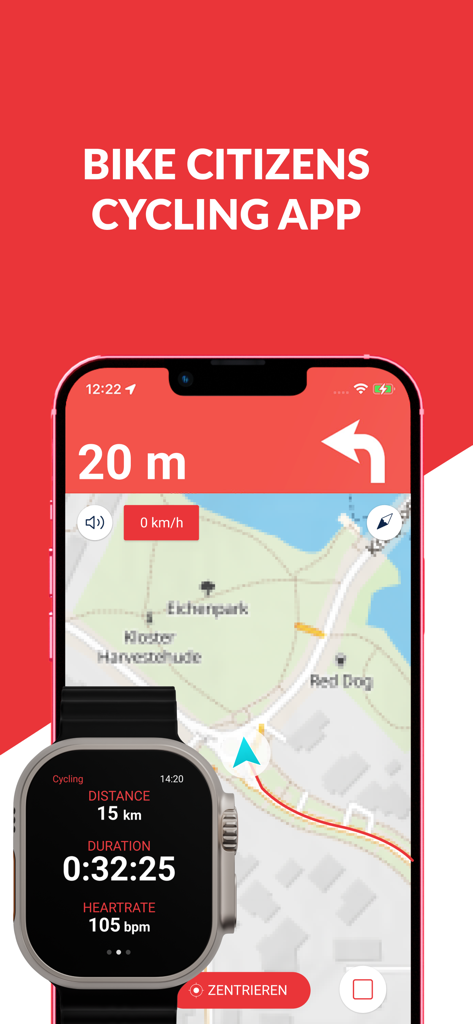 Bike Citizens Cycling App GPS - Bike Citizens app showing cycling navigation on an iPhone and health statistics on an Apple Watch