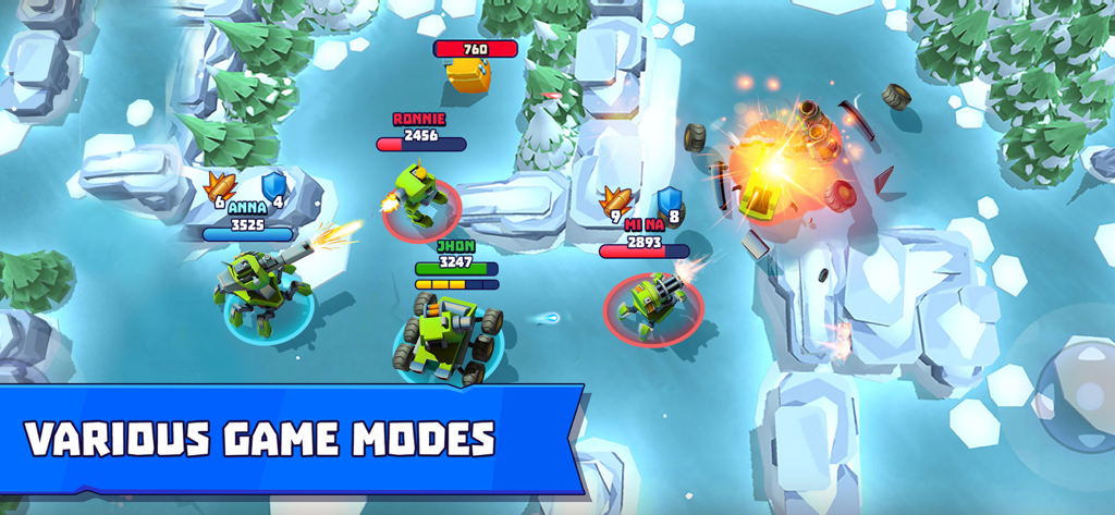 雪マップでの3v3タンクバトルにおける様々なゲームモード