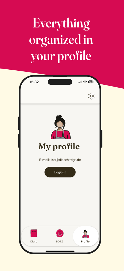 BOTZ Diary - Pantalla de la aplicación móvil que muestra la sección del perfil de usuario de BOTZ Diary con un avatar de alfarero y un menú de navegación.