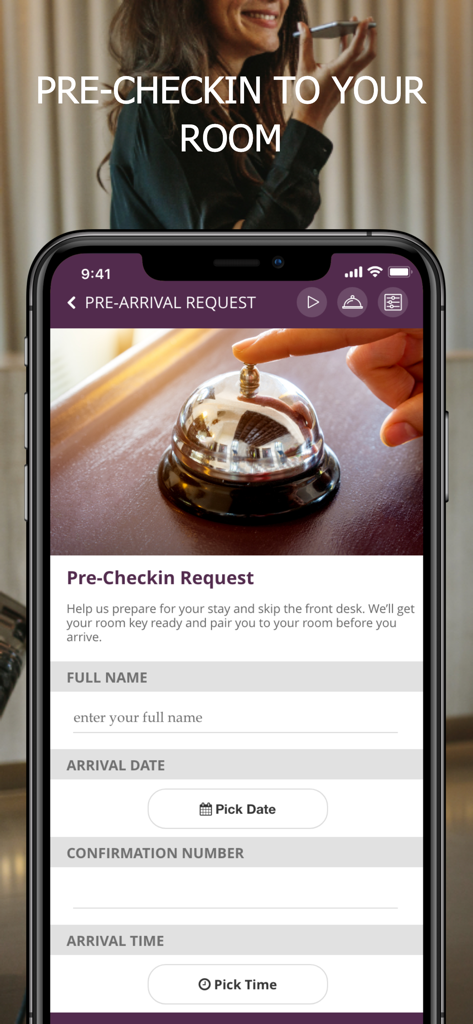OKKAMI app display on a smartphone showing a pre-checkin request form for hotel guests