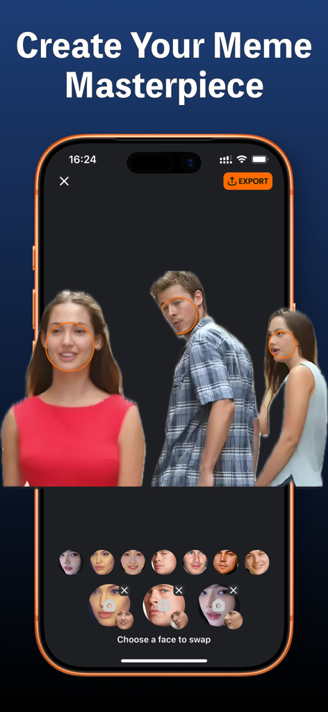 FaceXSwap:Offline AI Face Swap - Interfaz de la aplicación móvil FaceXSwap que muestra la detección e intercambio de caras en una plantilla de meme popular