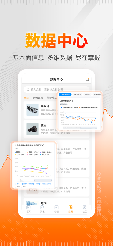 Mobile app interface for the Quhe futures platform showing a data center with commodity charts and fundamental market analysis.